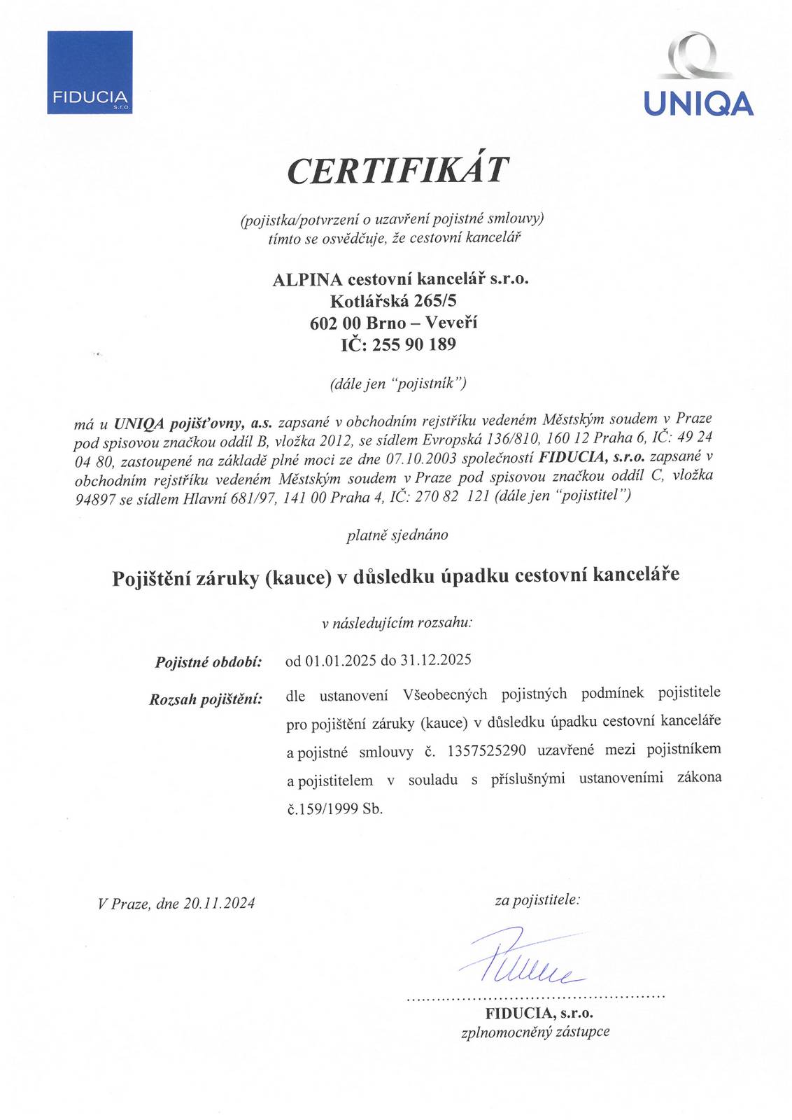 Pojistka proti úpadku CK Alpina - UNIQA poojišťovna