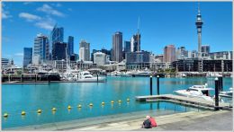 Přístav s luxusními jachtami a za ním věž Skytower (328m)